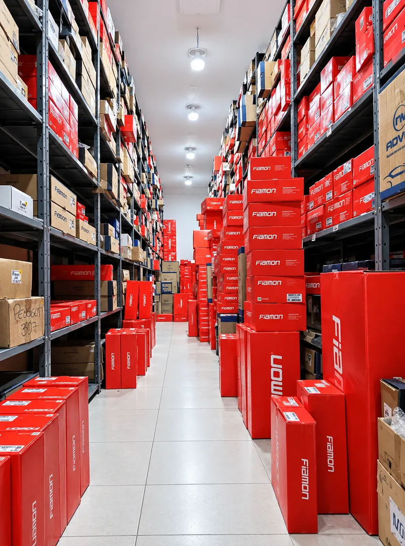 Corredor do estoque da Center Sound com prateleiras cheias de caixas de produtos