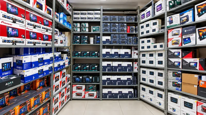 Parede do estoque com caixas de centrais multimídias de várias marcas